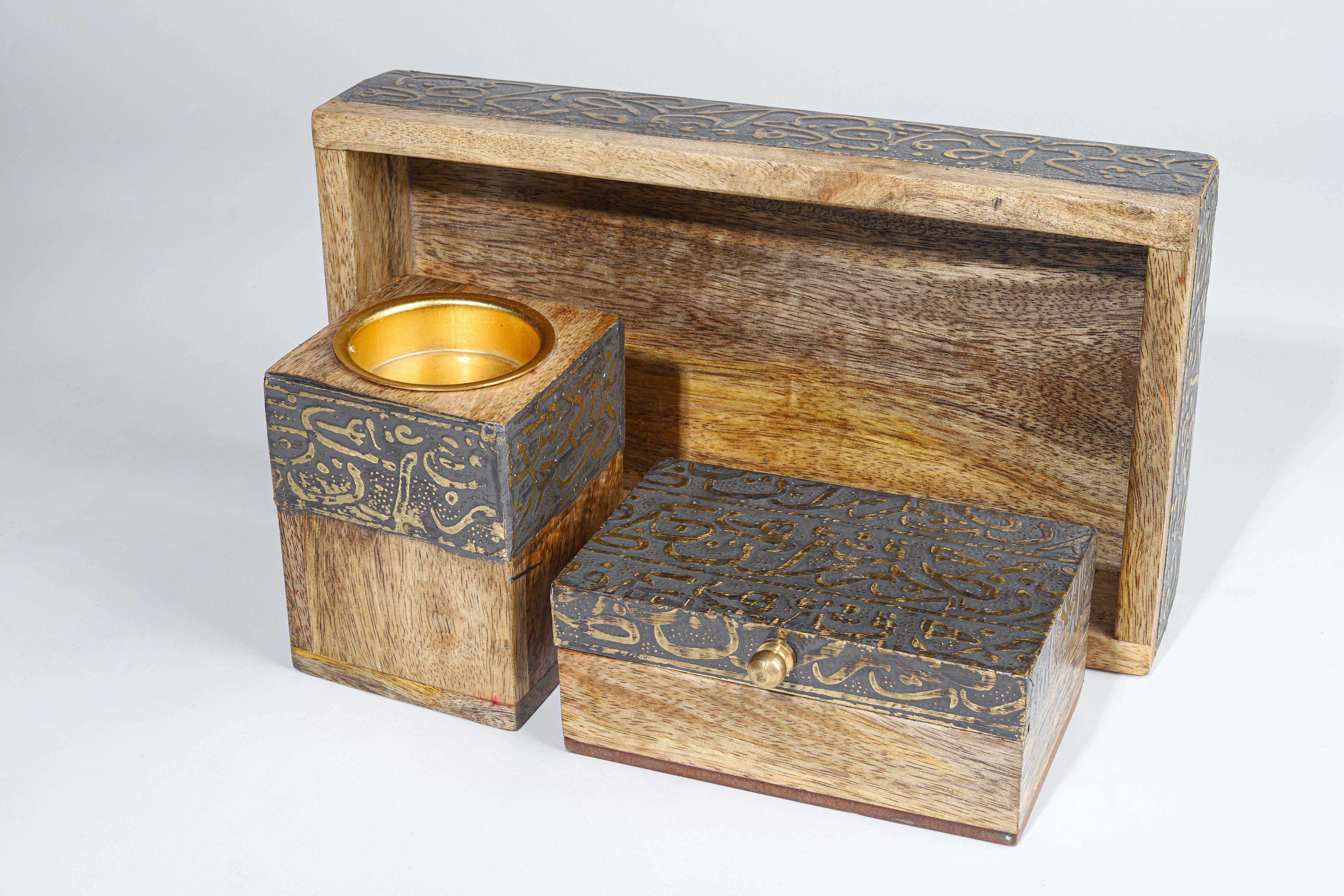 Incense burner set with box and wooden tray with brass and Arabic letters 2