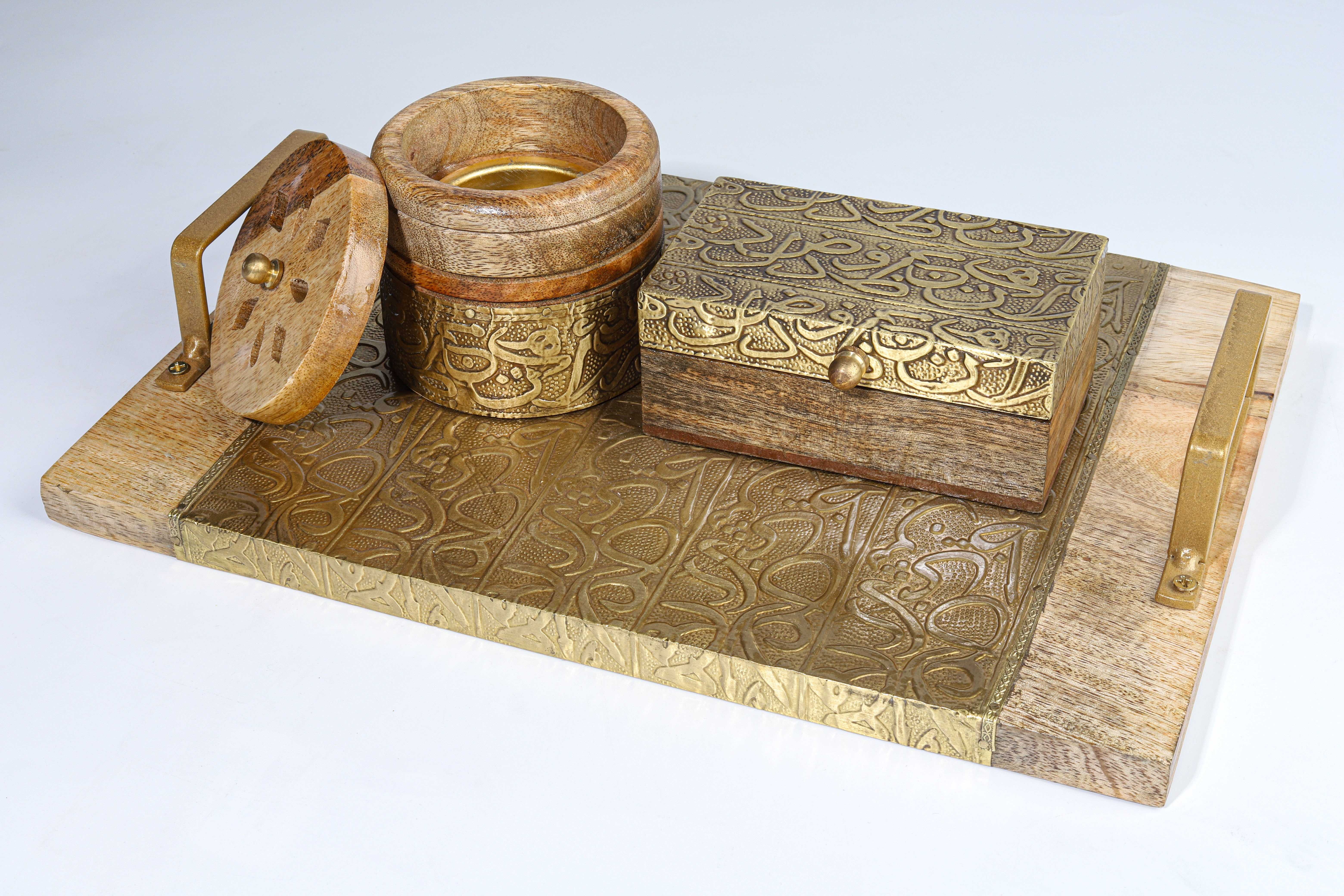 Incense burner set with cover, box, wooden tray and brass with Arabic letters