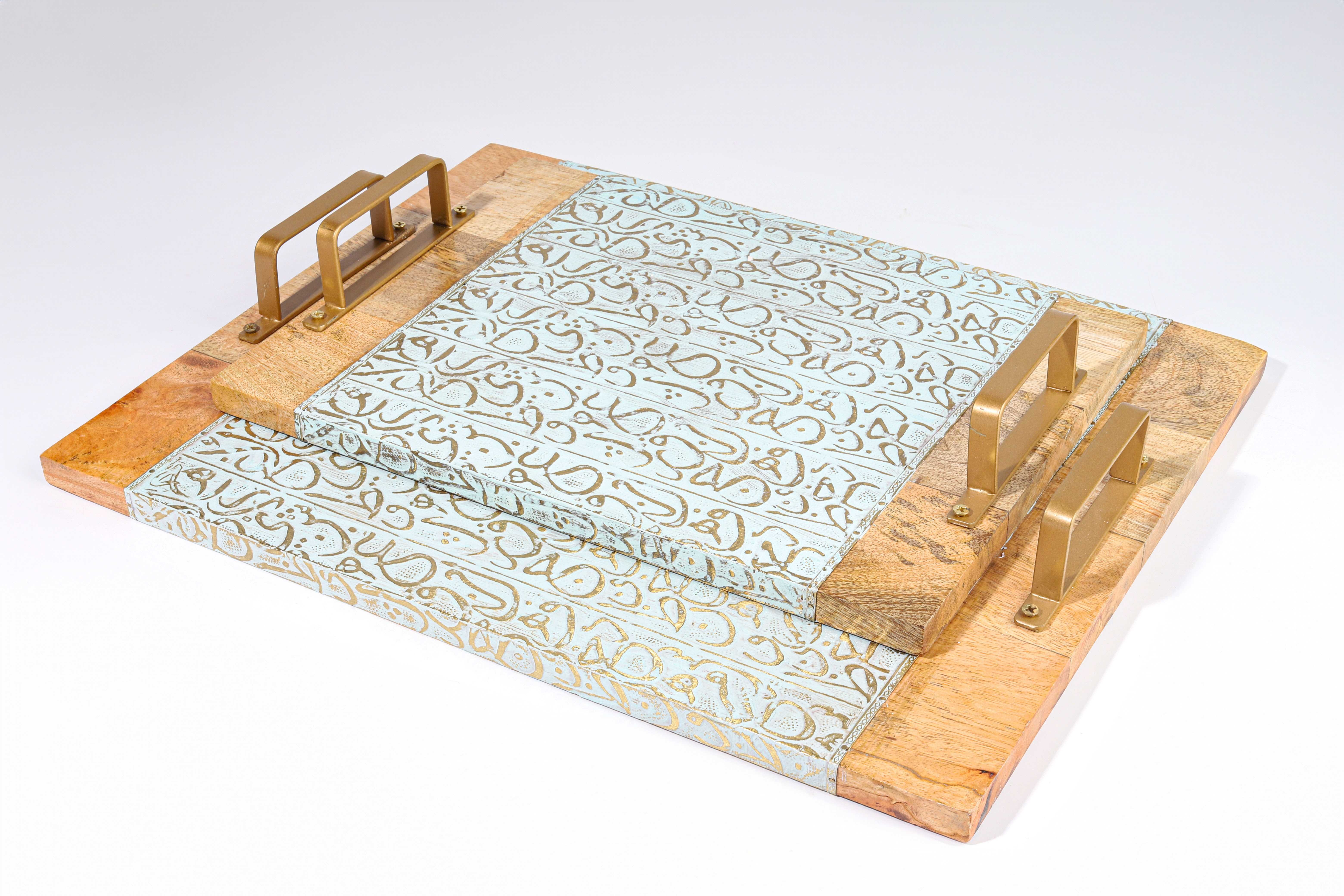 A set of wooden and copper trays, large size 45*35 cm and medium size 35*25 cm