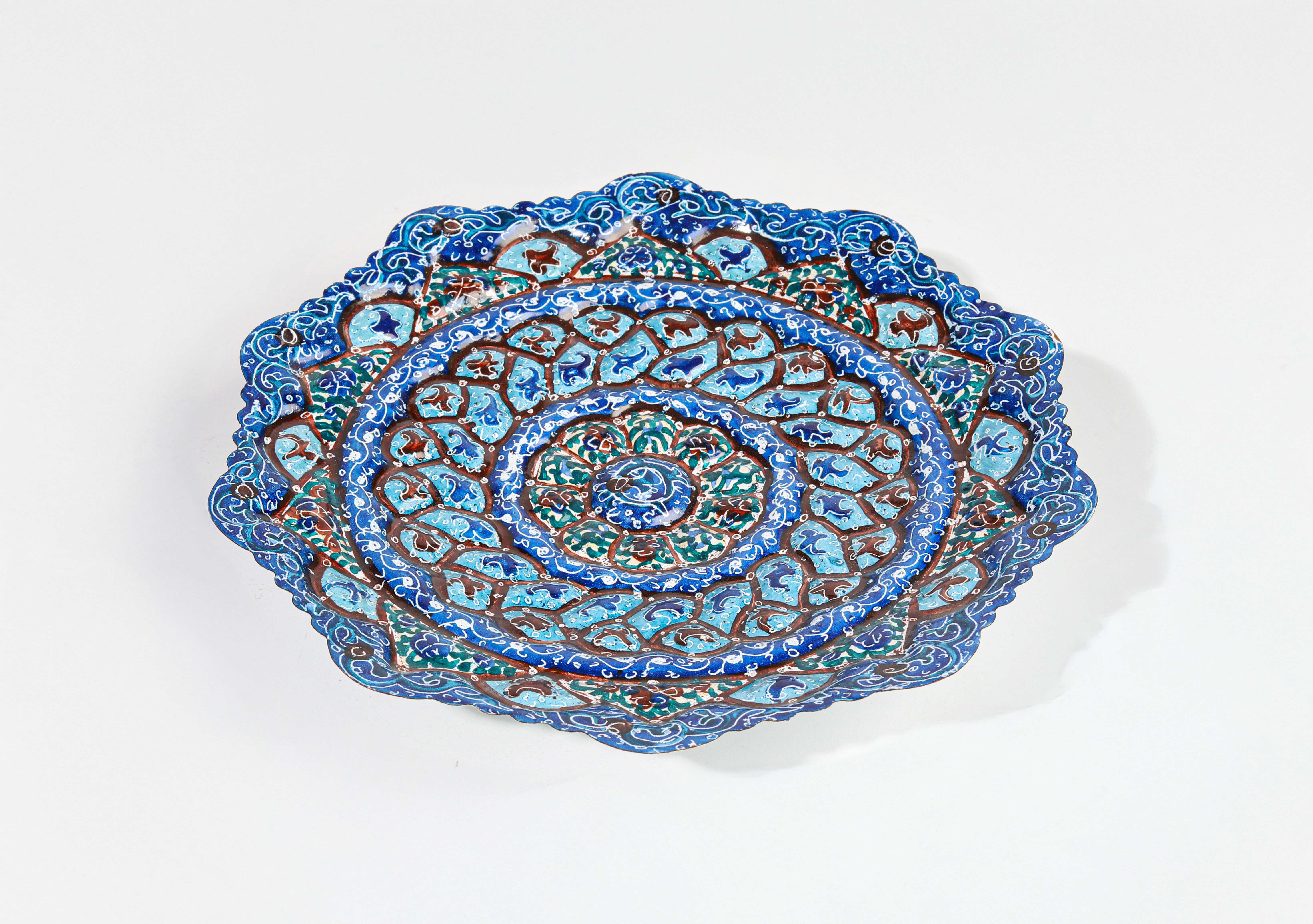 Iranian blue embossed enamel dish, 16 cm
