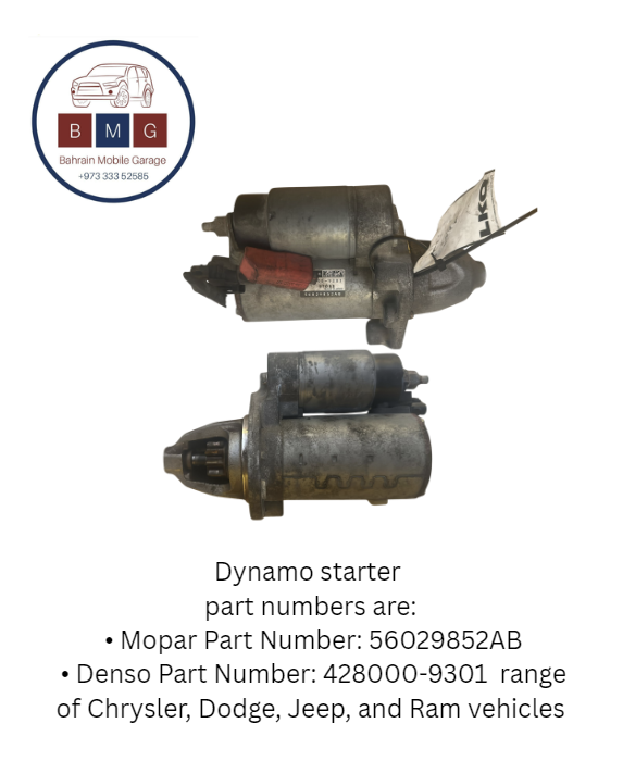 Dynamo starter  part numbers are:  • Mopar Part Number: 56029852AB  • Denso Part Number: 428000-9301  range of Chrysler, Dodge, Jeep, and Ram vehicles