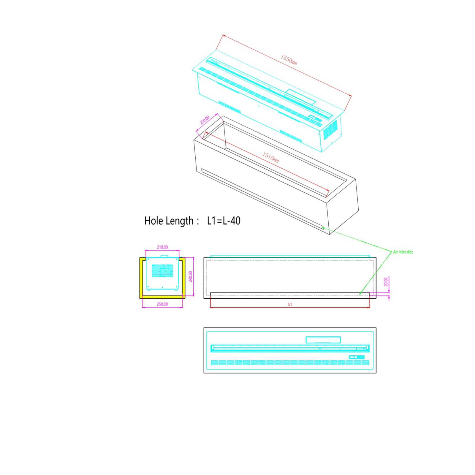 3D Vapor Fireplace 155cm 3