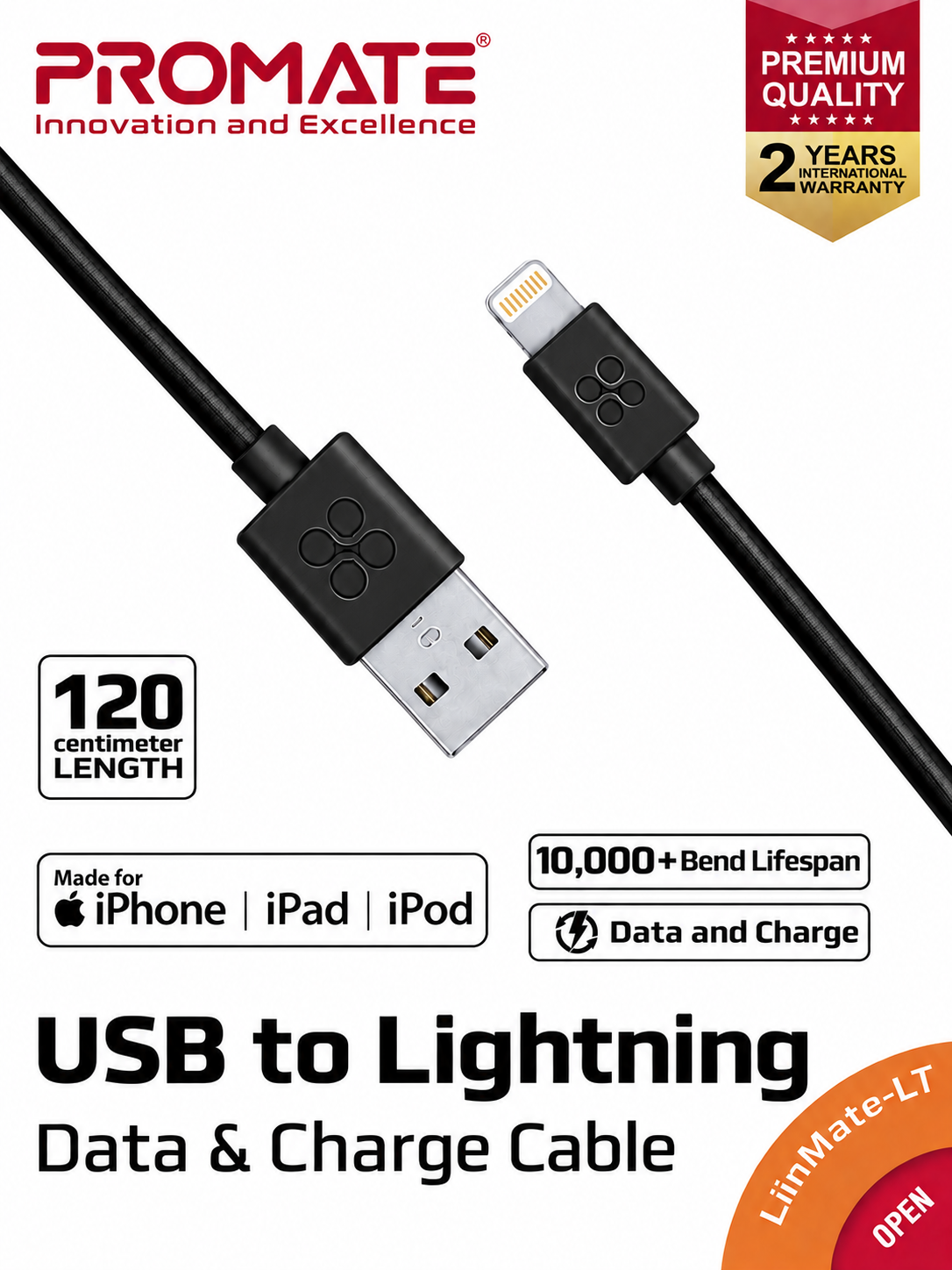 كيبل ايفون USB-Lightning بطول 1.2 متر اللون اسود بروميت