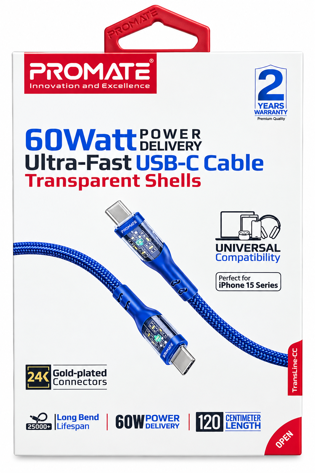 كيبل شحن TYPE-C to C (GOLD PLATED) من PROMATE-TransLineCC120 Navy