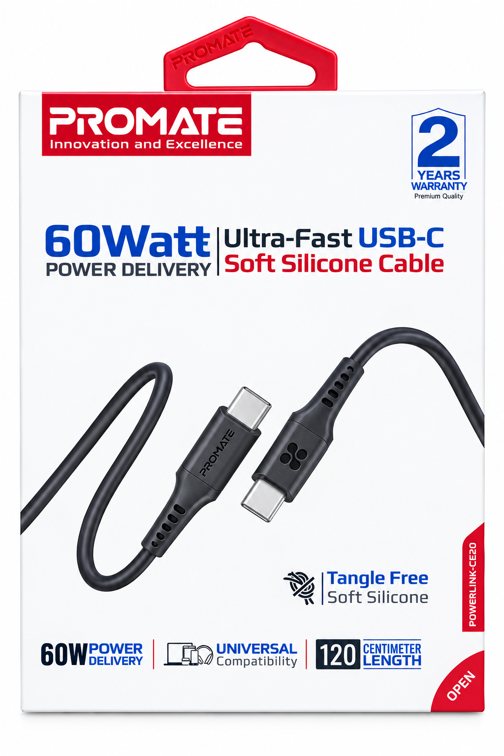 كيبل شحن كابل TYPE-C to C من PROMATE-PowerLinkCC120 BLACK 60w