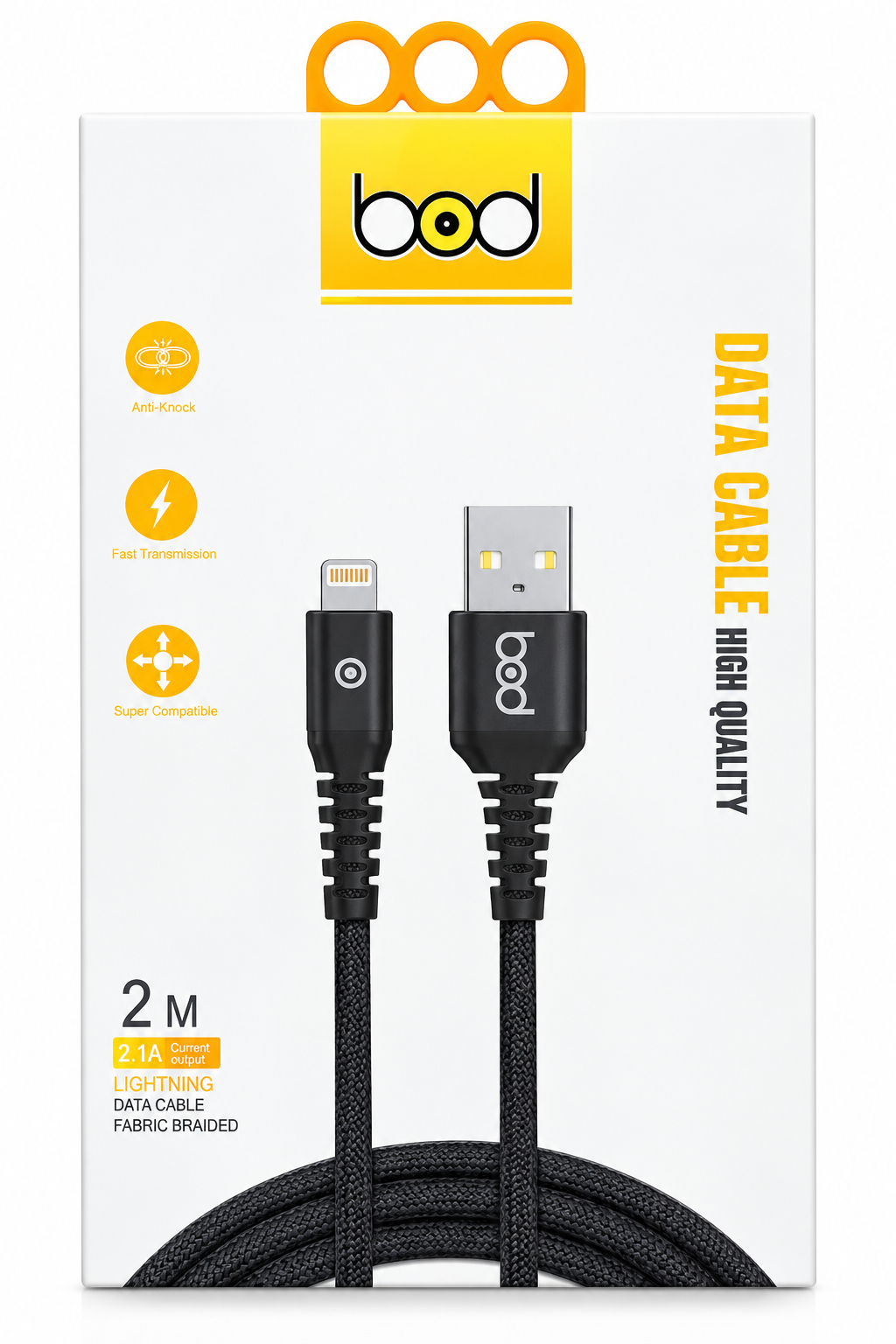 كيبل ايفون USB-Lightningبود قماش 2متر اسود