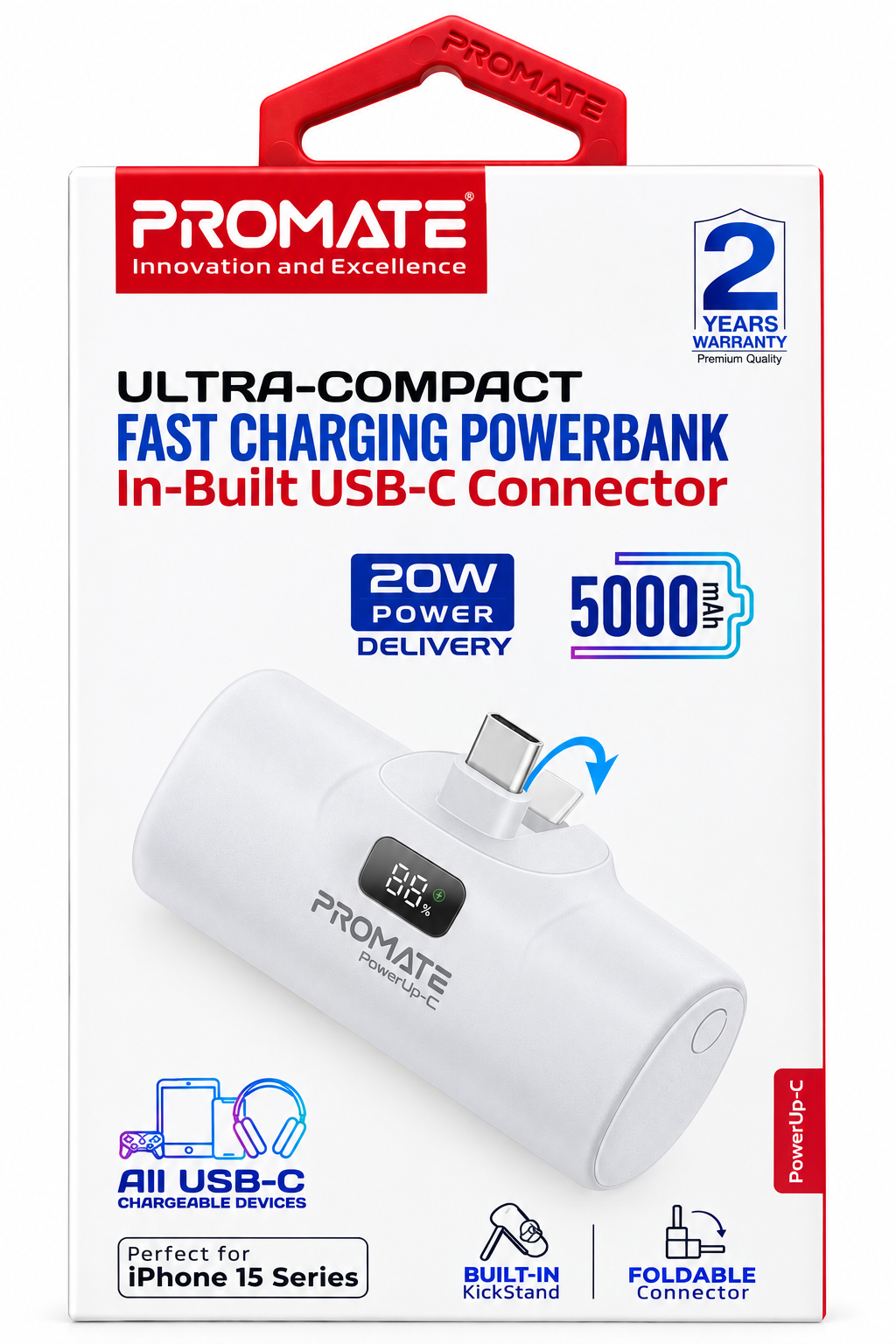 باور بانك صغير 5000 أمبير  Type C من PROMATE- PowerUp C WHITE