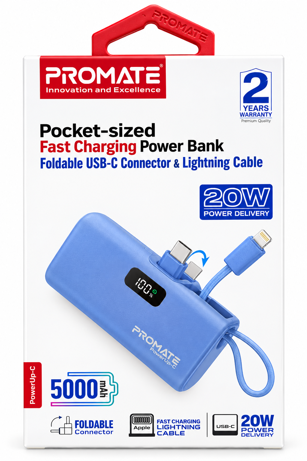 باور بانك صغير 5000 أمبير مدمج كيبل ايفون و Type C من PROMATE-NanoPack5 NAVY