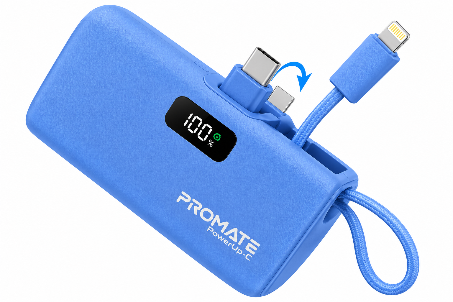 باور بانك صغير 5000 أمبير مدمج كيبل ايفون و Type C من PROMATE-NanoPack5 NAVY 2