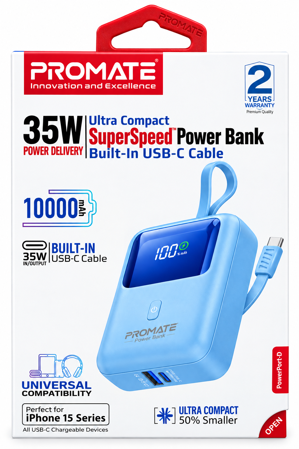 باور بنك 10000أمبير SUPER SPEED مع كيبلين مدمجين Type C و IPHONE من PROMATE-PowerPod 10 BLUE