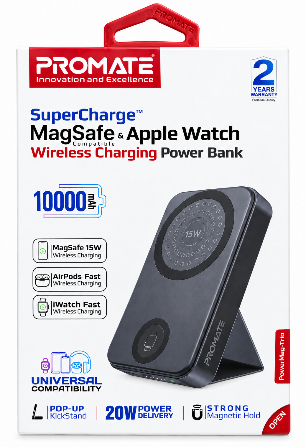 باور بنك 10000أمبير  MagSafe مع ستاند Type C مدمج شاحن Apple Watch او السماعة من PROMATE-PowerMag Trio 20W BLACK
