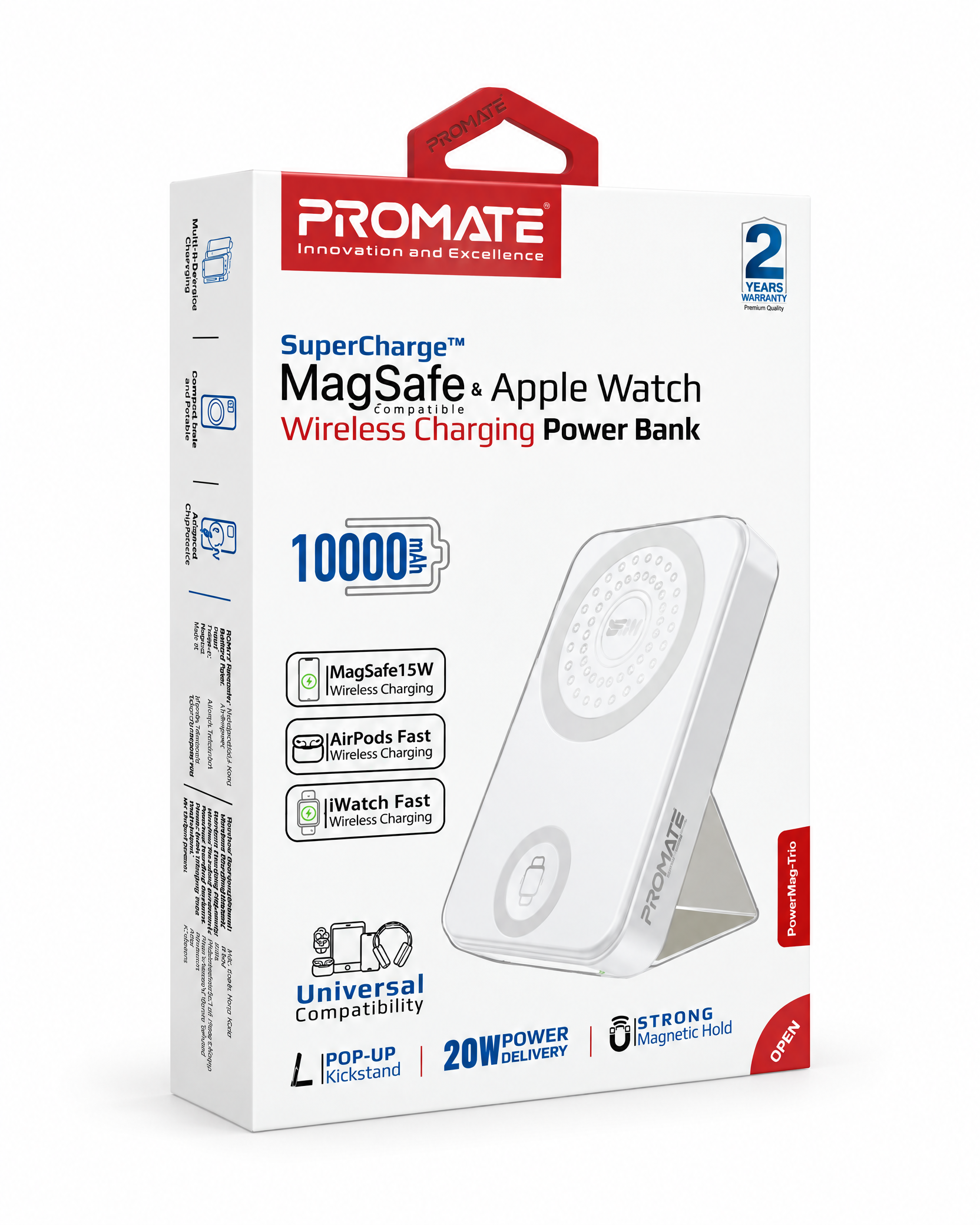 باور بنك 10000أمبير  MagSafe مع ستاند Type C مدمج شاحن Apple Watch او السماعة من PROMATE-PowerMag Trio 20W WHITE