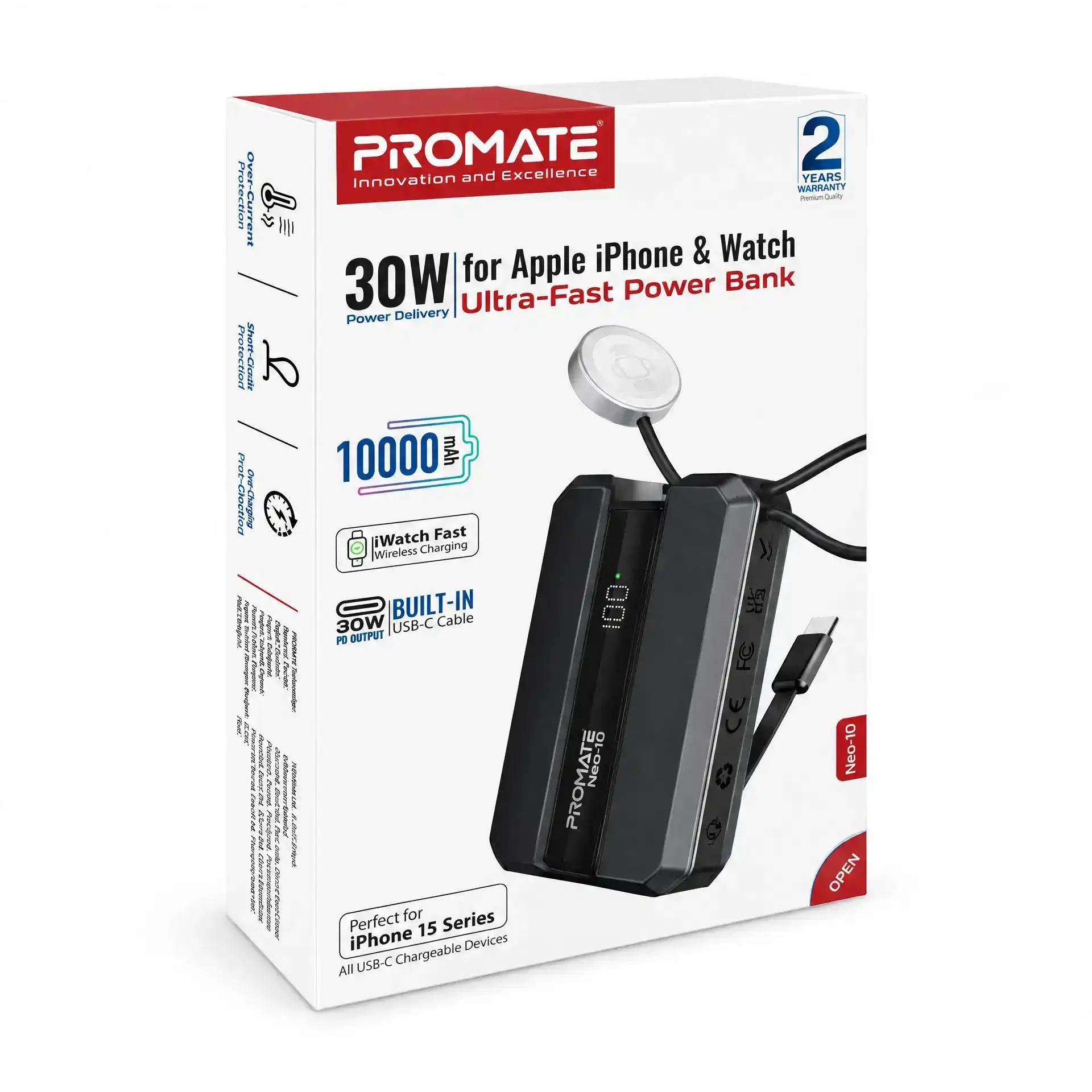 باور بانك 10000 أمبير Type C مدمج شاحن Apple Watch من PROMATE-NEO10 BLACK