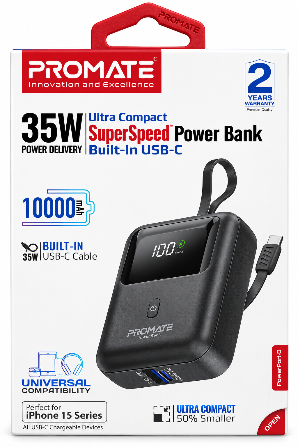 باور بنك 10000أمبير SUPER SPEED مع كيبلين مدمجين Type C و IPHONE من PROMATE-PowerPod 10 BLACK