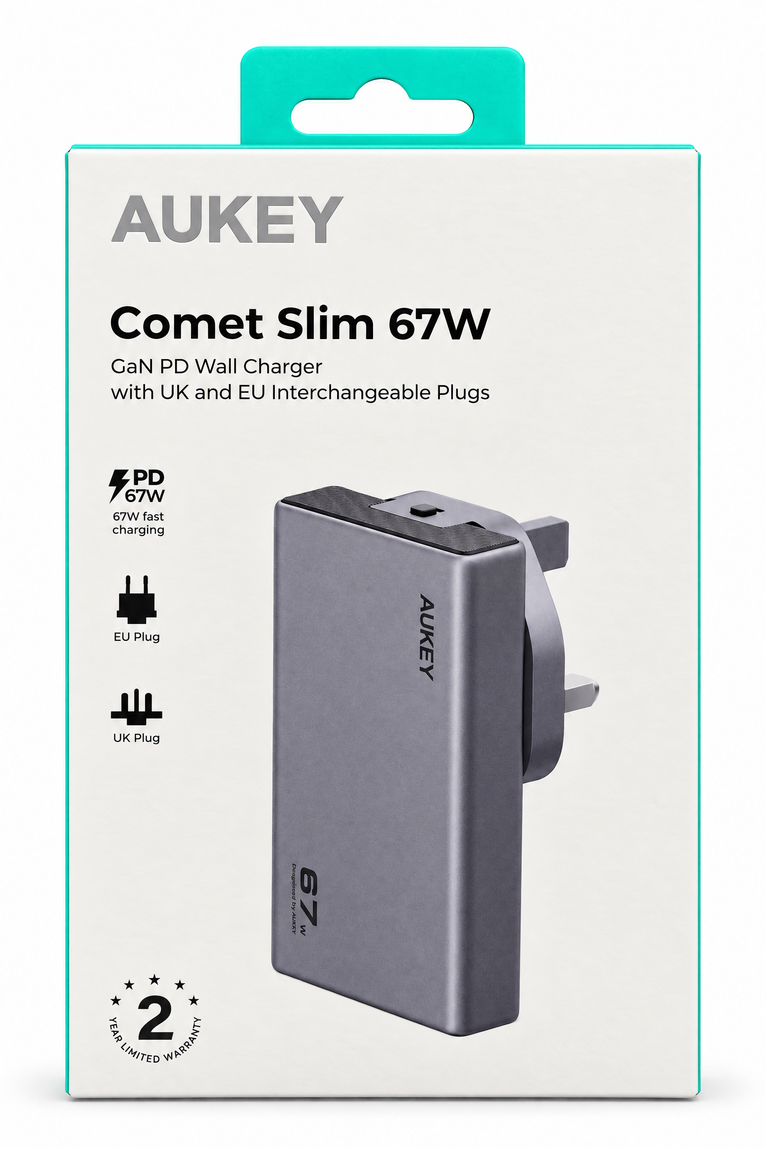 راس شاحن جداري كوميت سليم بقوة 67 واط منفذين تايب سي فيش سفر عالمي بتقنية القان من AUKEY