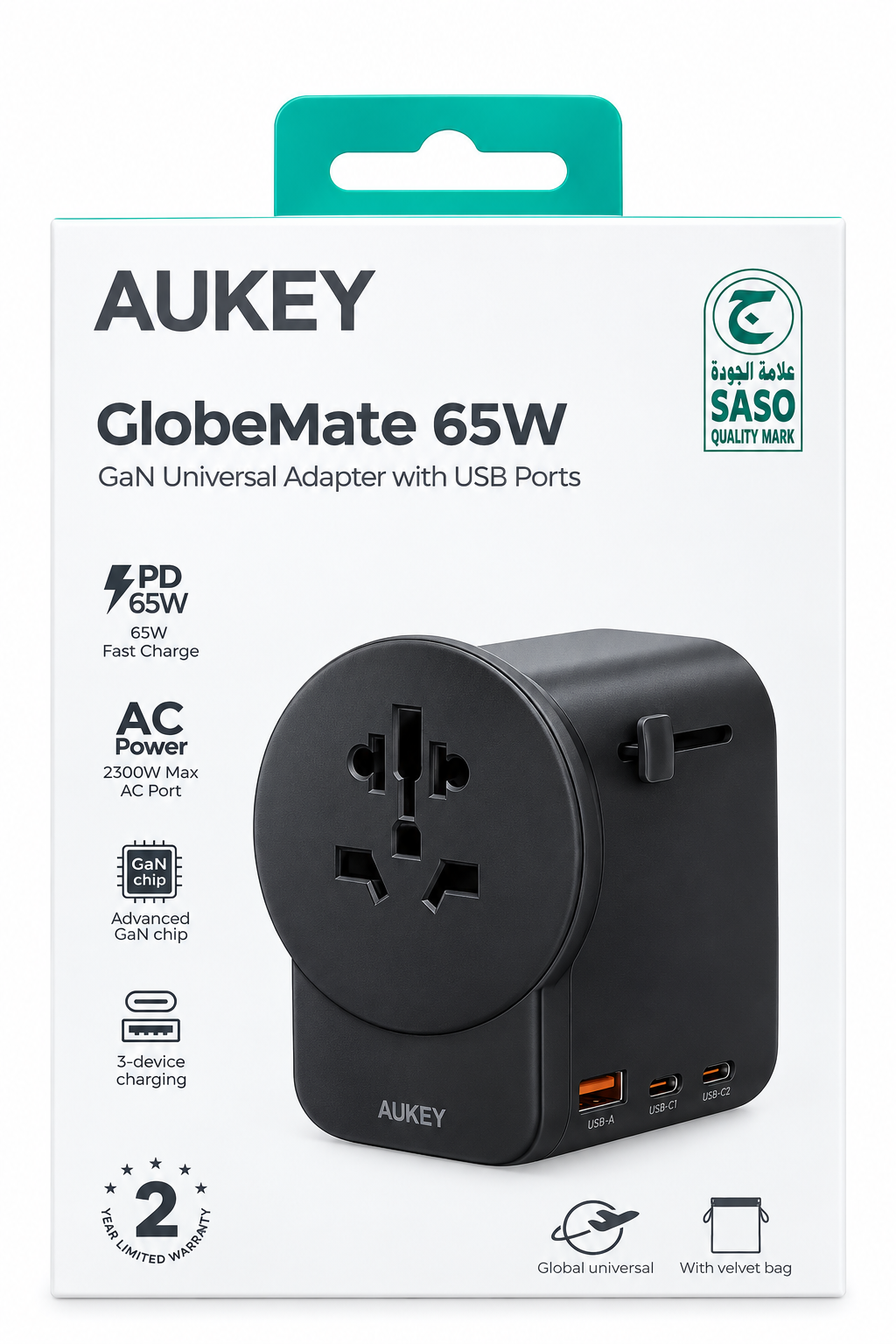 محول (فيش) سفر عالمي بقوة 65 واط بتقنية القان من AUKEY