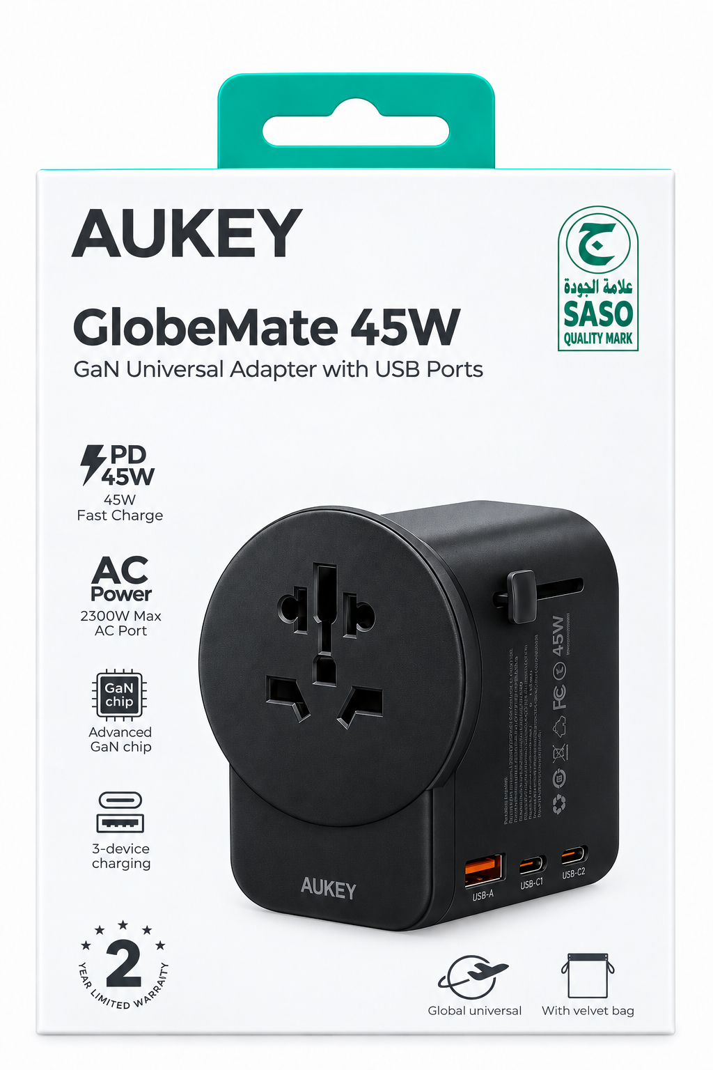 محول (فيش) سفر عالمي بقوة 45 واط بتقنية القان من AUKEY