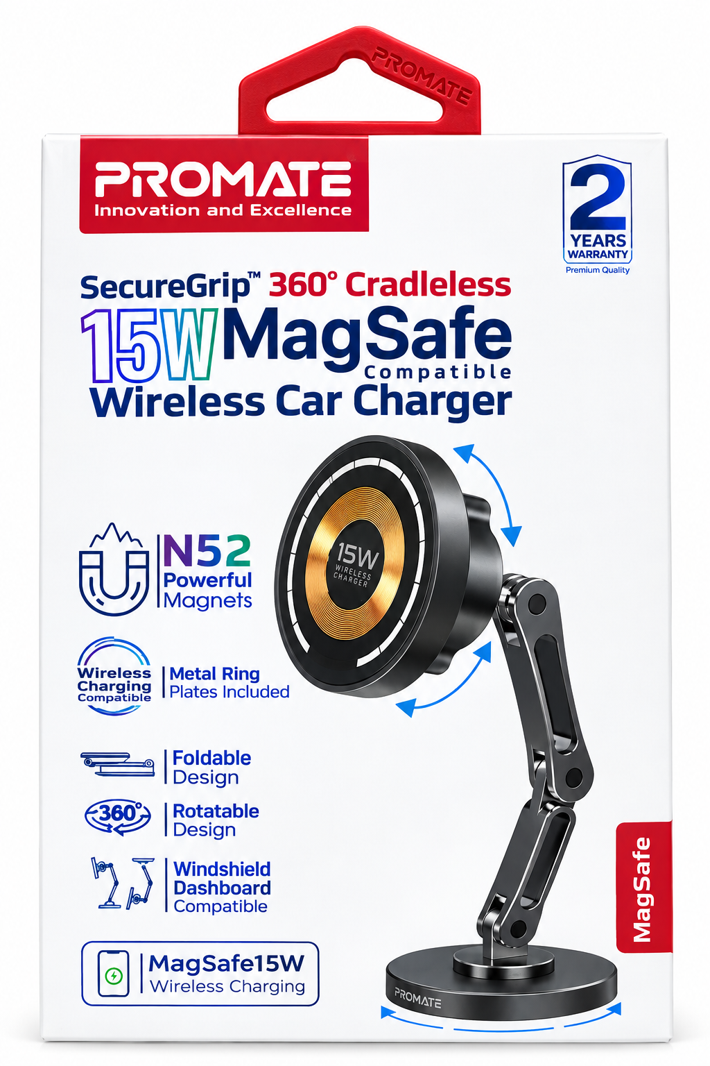 حامل جوال مع شاحن للسيارة اللاسلكي SecureGrip™ 360° المتوافق مع MagSafe بقدرة 15 وات-Metallic