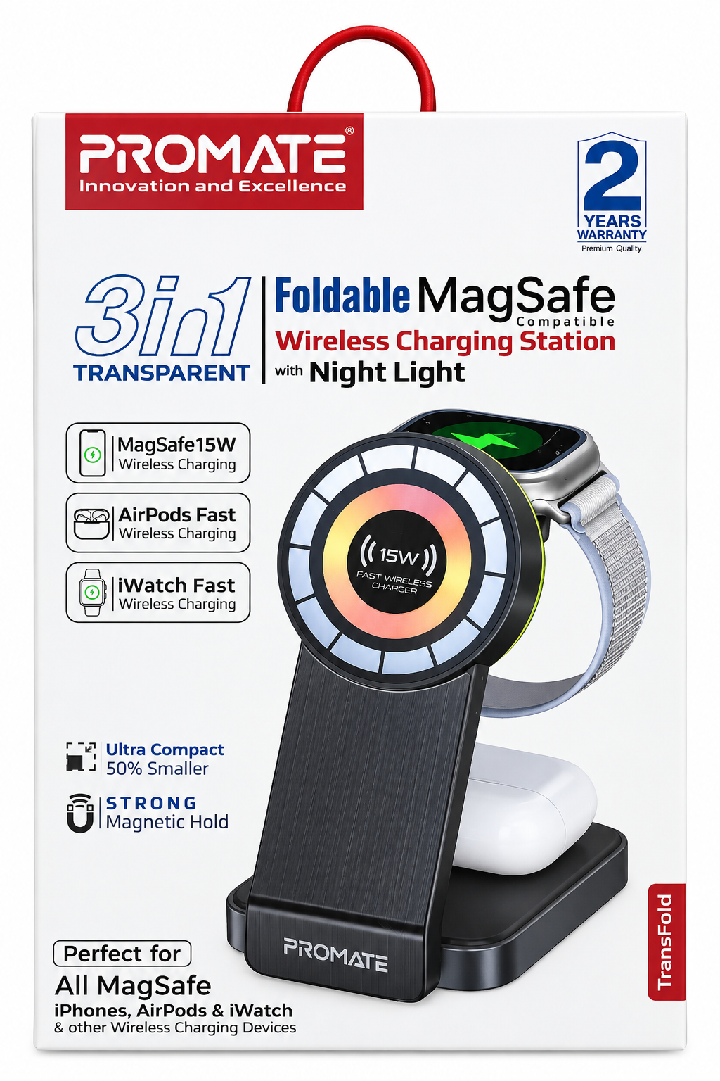منصة شحن لاسلكية 3 في 1 تدعم MagSafe شفافة وقابلة للطي مع ضوء ليلي-Black
