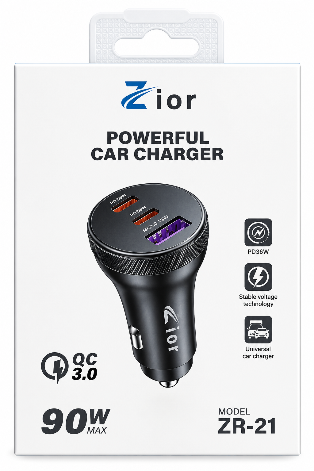 راس شاحن سياره 2PD+USB 90W من شركة ZR-21 Zior
