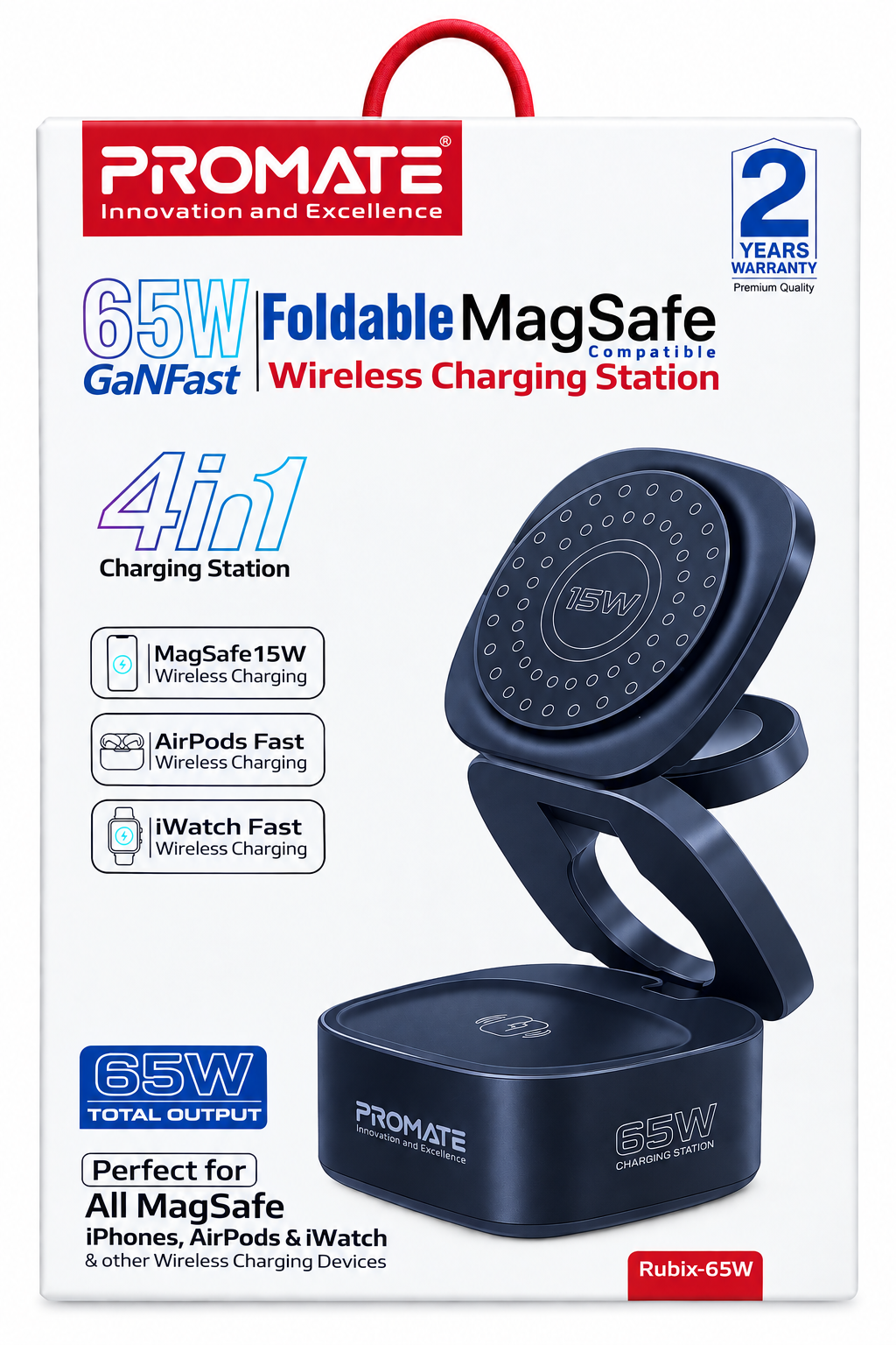 محطة شحن لاسلكية GaNFast MagSafe قابلة للطي 4في1 بقدرة 65 وات-Black